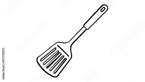 Minimalist black and white line art vector icon illustration of a kitchen spatula turner utensil, ideal for cooking, baking, culinary apps, food preparation, and restaurant menu graphic design.