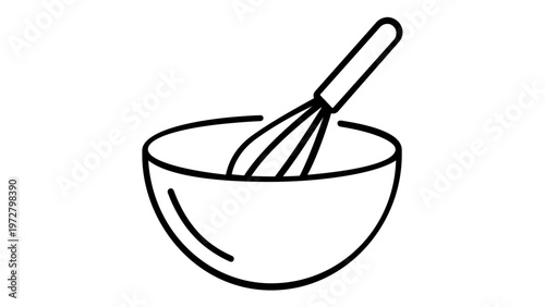 Minimalist vector icon illustration of a kitchen whisk inside a mixing bowl, perfect for cooking, baking, and culinary themes, featuring clean black lines on a white background, scalable design.