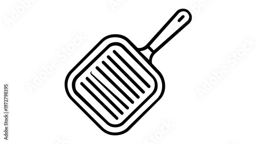 Minimalist grill pan vector icon illustration for kitchen and cooking designs. This black line art graphic features a square skillet with a ribbed surface and handle, ideal for food apps and web.