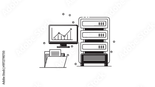 Modern office desk with black chairs and folders featuring a 3d computer monitor and laptop for business technology and document design