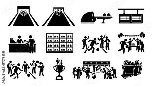 Bowling Alley Icons Set – Lane, Equipment, Party and Recreation Silhouettes