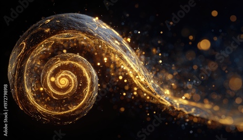 Abstract Golden Spiral Nebula with Glowing Particles and Bokeh Effects.