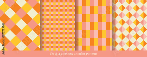 Set of 4 retro geometric seamless patterns in warm 70s color palette. Mid-century modern vector pattern collection with checkers, diamonds and grid backgrounds. Vintage 1970s checkered and harlequin s