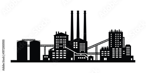 Vector of an industrial complex with tall chimneys and interconnected buildings
