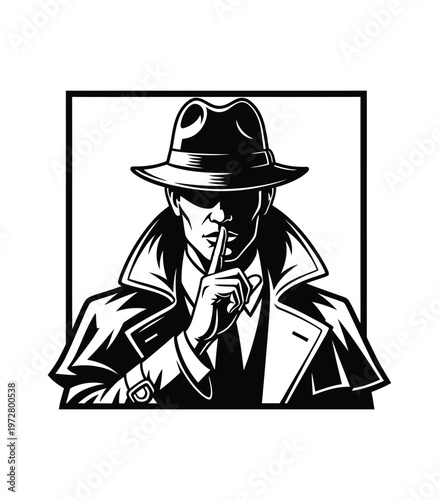 Vector of a mysterious man in a trench coat and fedora holding his finger to his lips