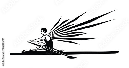 Vector of a man rowing a boat with speed lines showing movement and motion