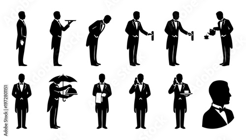 Butler Icons Set – Waiter Service, Hospitality and Luxury Service Silhouettes