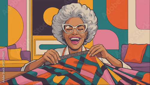 Vector illustration of a stylish elderly black woman in a housecoat with an afro hairstyle and cat-eye glasses, enjoying life at home. The style is reminiscent of American retro pop art.