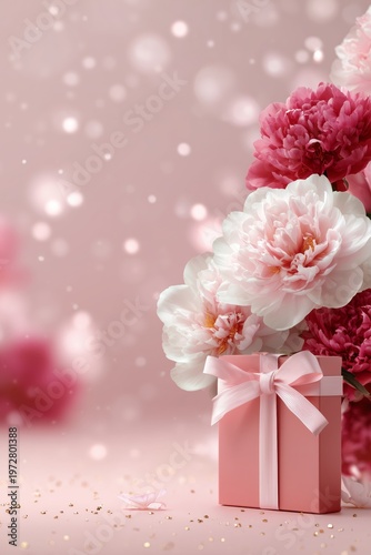 Luxury floral gift mockup with blush ribbon, blooming peonies, and dreamy bokeh-perfect for wedding and Valentine promotions