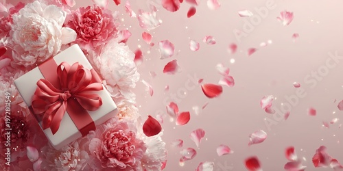 Luxury present packaging mockup with satin bow, peony flowers, and gentle confetti petals perfect for holiday promotions.