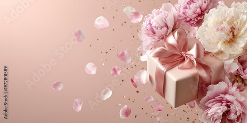 Elegant holiday or birthday concept: wrapped gift with pink bow, peonies, petals, and confetti for marketing visuals