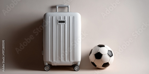 A modern white hard-shell suitcase with wheels stands next to a classic black and white soccer ball against a neutral minimalist background, representing sports travel and fan tourism concepts