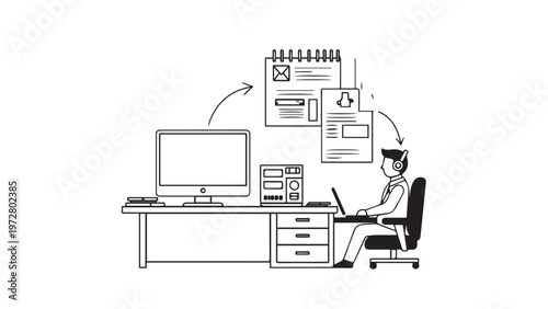 Vector illustration of a sketch showing a computer and laptop on an office desk with a chair in a modern interior workplace room