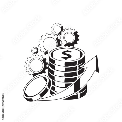 3d vector illustration of a golden tin can stack with coins and gear icons representing a business finance wealth concept on an abstract background