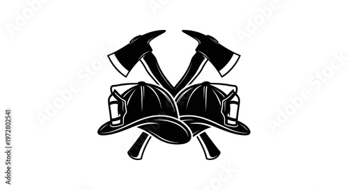 Firefighter Helmet and Crossed Axes Silhouette Icon, Fire Rescue Symbol