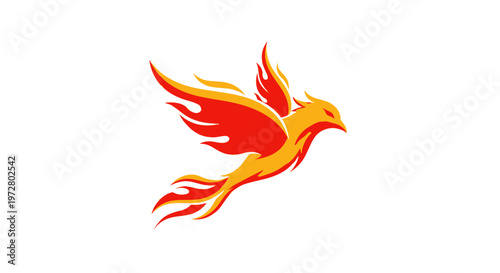 Fiery Phoenix Bird Flying, Symbol of Rebirth and Transformation