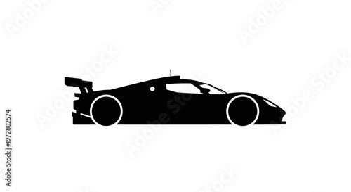 Sleek Black Sports Car Silhouette with White Rimmed Wheels on White Background