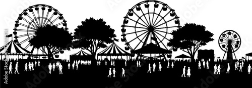 Silhouette of people walking at a busy carnival fairground with giant Ferris wheels and tents.