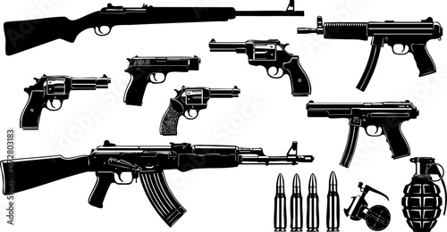 A comprehensive vector illustration featuring a collection of diverse firearm silhouettes and ammunition on a white background.