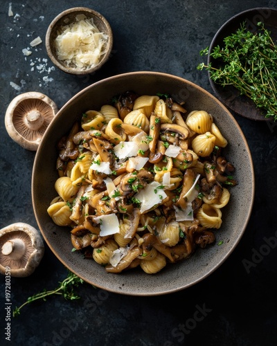 Pasta with mushrooms and truffle oil, wild mushrooms, Parmesan shavings, dark moody background