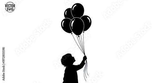 Silhouette of a child holding a bunch of black balloons, vector illustration