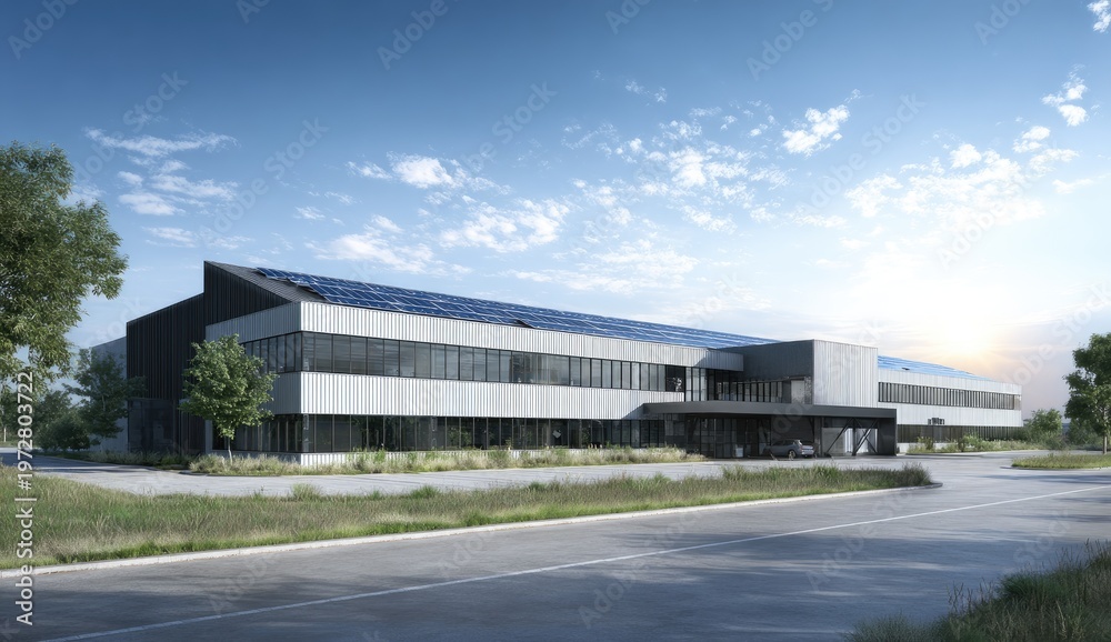 Obraz premium Modern Corporate Office Building with Solar Panels on Roof.