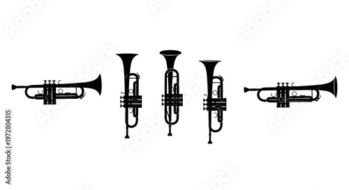 Black Trumpet Silhouettes Arranged on White Background