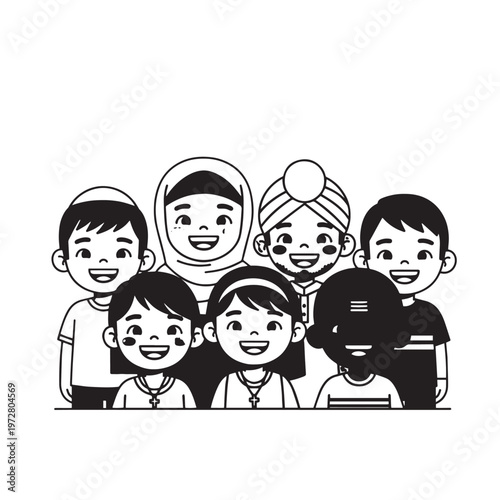 Happy family with children smiling together in a cheerful cartoon vector illustration