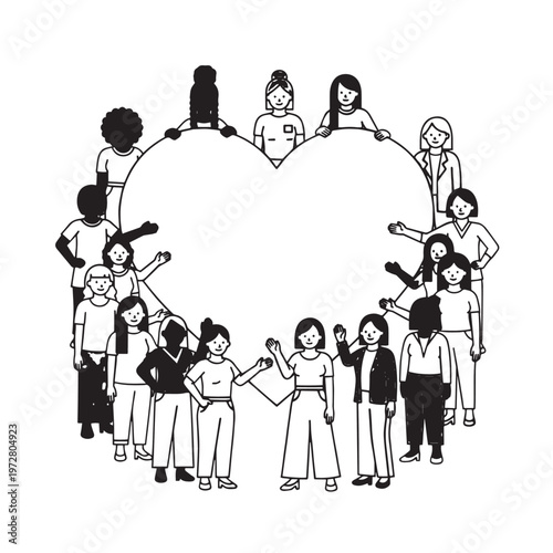 Cartoon group of diverse people around the world holding hands showing friendship teamwork love and happiness