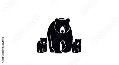 Black silhouette of a mother bear with two cubs walking on a white background
