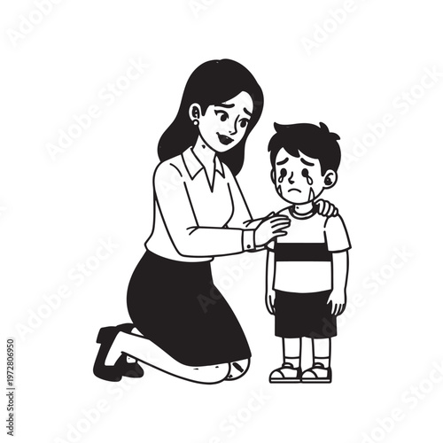cartoon illustration of a loving mother with her children spending time together as a happy family