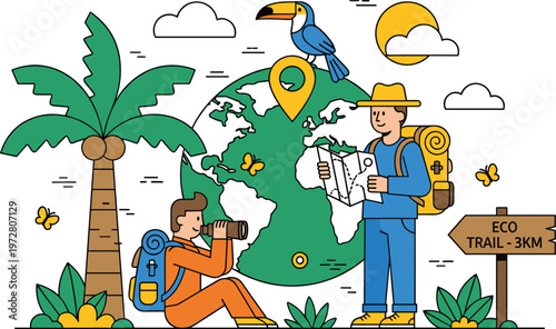 Eco travel adventure illustration tourists exploring nature global map hiking trail concept sustainable tourism vector design