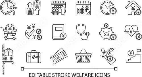 Editable stroke welfare icons set finance healthcare transport social support services symbols vector outline illustration design