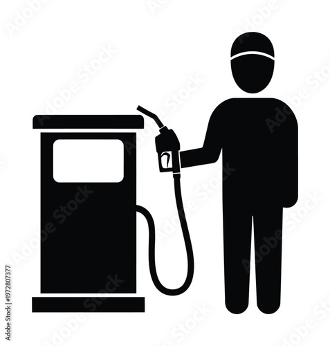 Vector depicts a person refueling a vehicle using a fuel dispenser at a gas station.