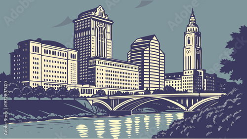 Stylized urban cityscape featuring modern highrise buildings and an arched bridge over a river during twilight hours in a clean graphic design style