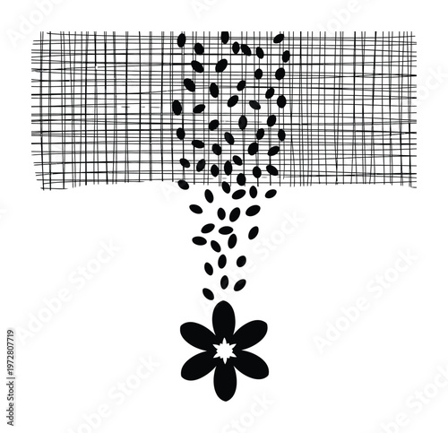 Vector of seeds falling through a grid and forming a flower at the bottom