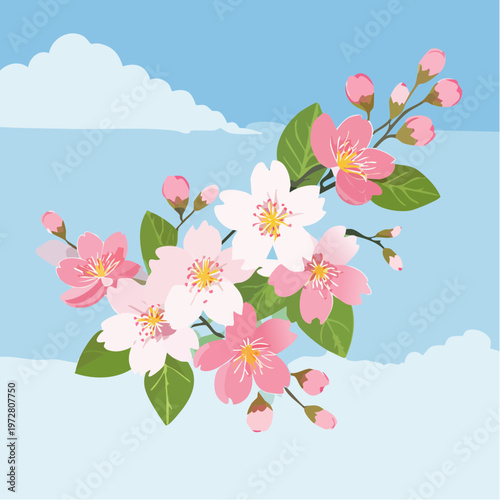 Close-up of cherry blossom branch against a soft blue sky