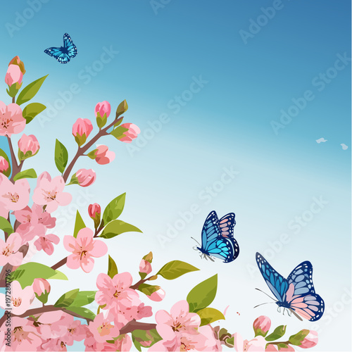 Butterflies among cherry blossoms and clouds with cherry blossom 