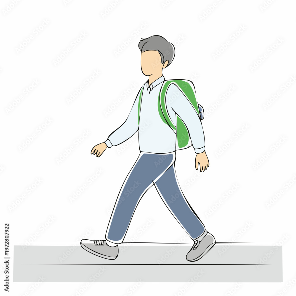 Obraz premium Young boy with backpack walking happily on a sidewalk with he is dressed