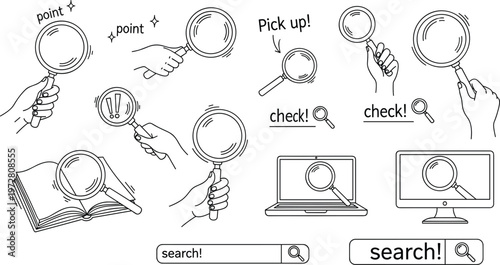 Magnifying glass search concept illustration hand gestures finding checking zoom icons line art vector design collection