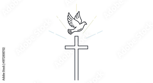 Dove flying over Christian cross symbol.