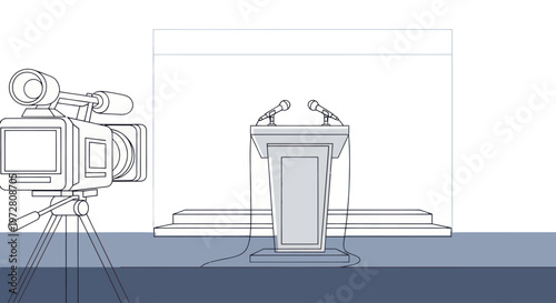 Camera recording a podium with microphones.