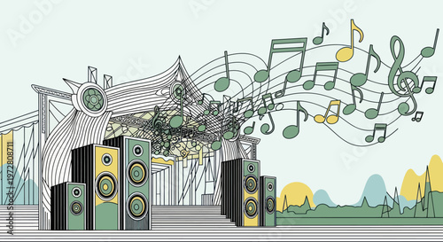 Sound speakers with music notes flying.