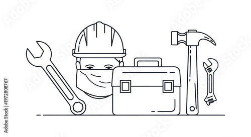 Worker with safety gear and tools.