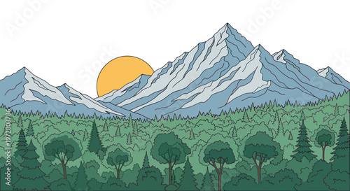 Snowy Mountain Peaks at Sunset.