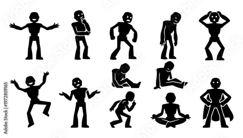 Human Emotions Icons Set – Feelings, Stress, Anxiety and Behavior Silhouettes