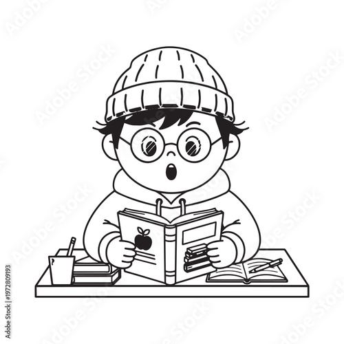 A cartoon vector illustration of a young student boy in glasses reading a school book while learning to be a construction worker with a hammer, saw, and ladder for an education project