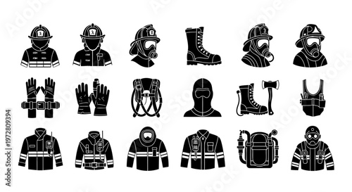 A creative set of 18 black glyph firefighter outfit icons featuring diverse emergency uniforms and equipment, designed with originality and modern style.