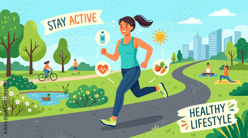 Woman running on a path in a park with signs promoting healthy lifestyle and stay active