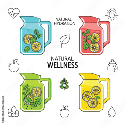 Four pitchers of fresh fruit infused water for natural hydration and wellness